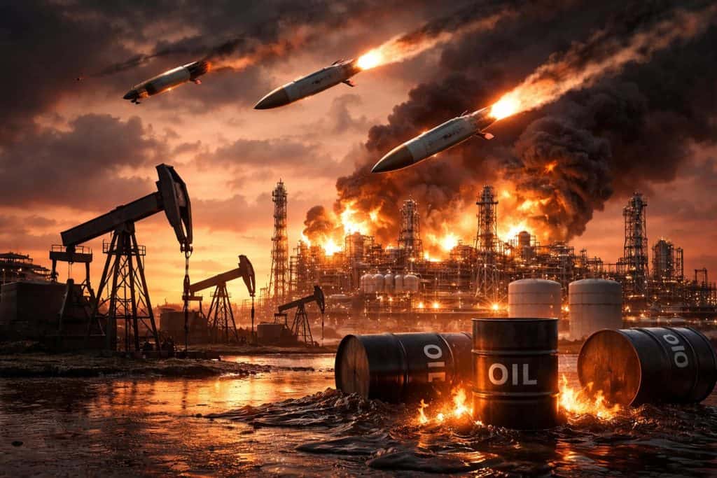 Missiles striking an oil refinery, causing explosions and fires, with oil barrels burning on the shore